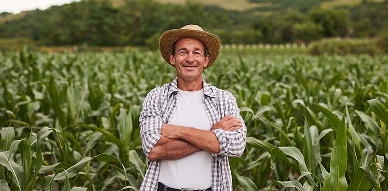 Farmer in front of corn field